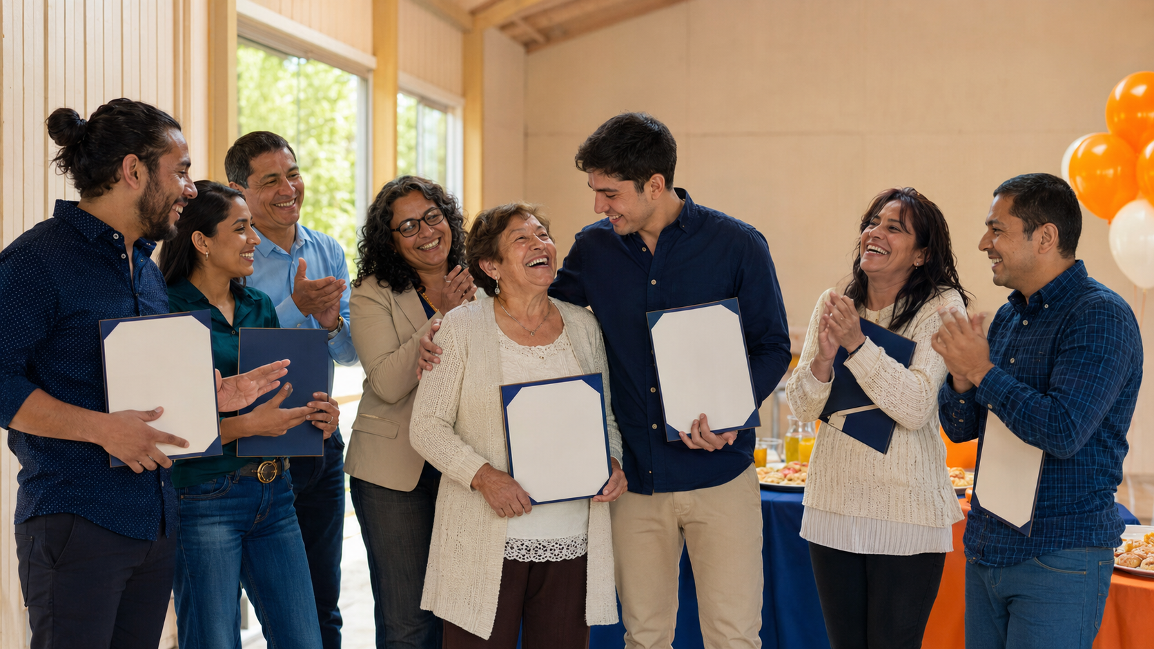Personas adultas celebrando la obtención de sus certificados